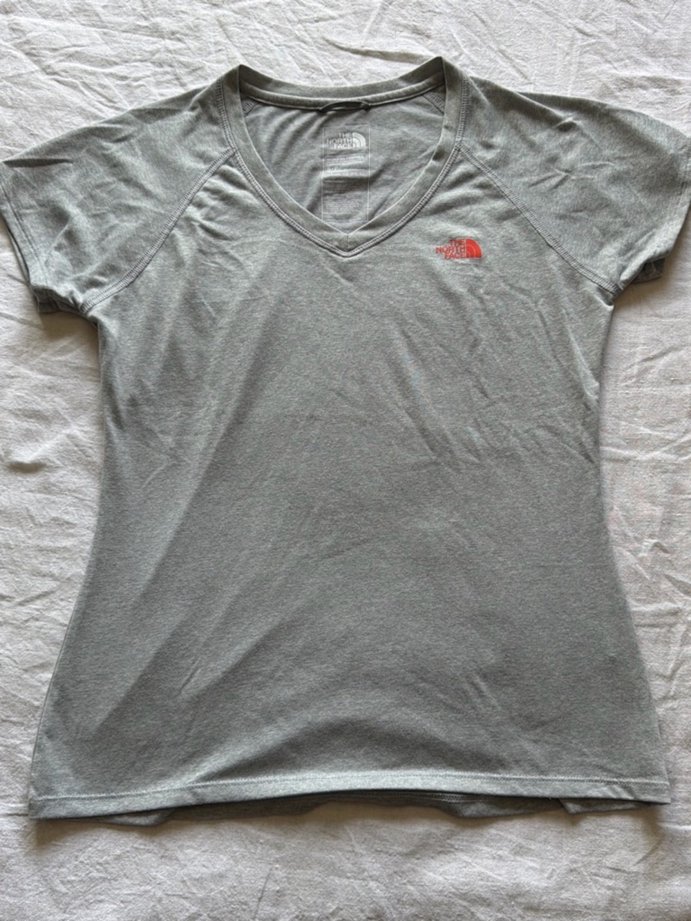 The North Face Women's Heather Gray V-Neck Tee with Coral Logo